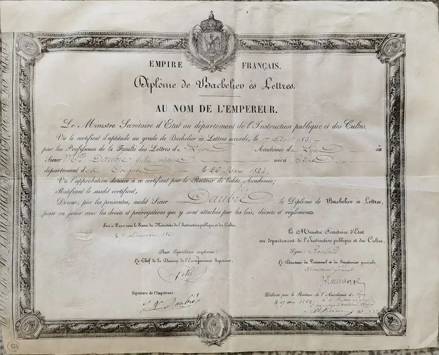 Diplôme de bachelier ès lettres de Julie-Victoire Daubié, certificat accordé le 17 août 1861 par la faculté des lettres de Lyon