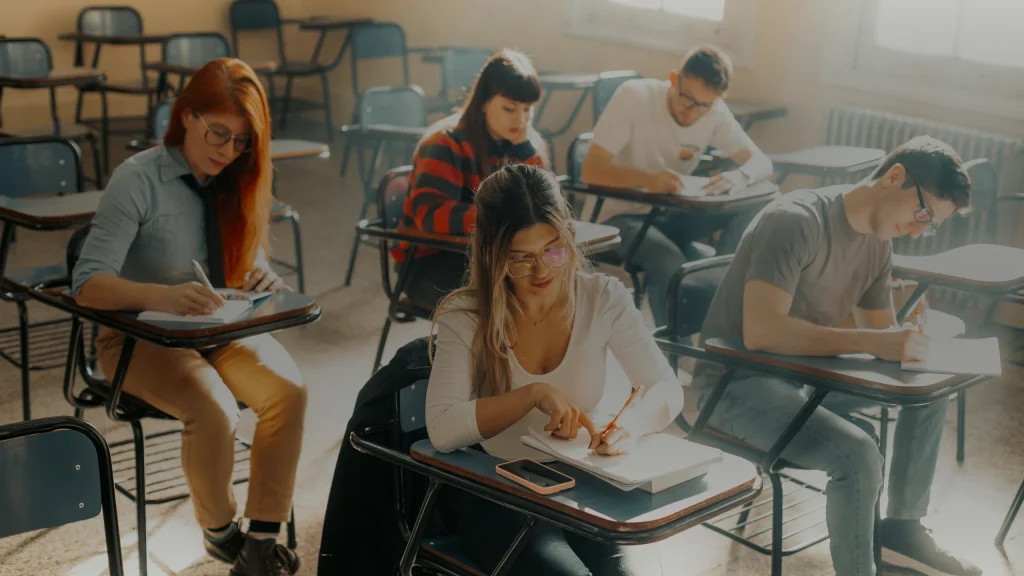 Élèves en épreuve écrite dans une salle de classe